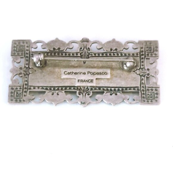 Vintage Catherine Popesco Rectangular Silver Tone Green Brooch Art Deco Nouveau - Picture 4 of 4